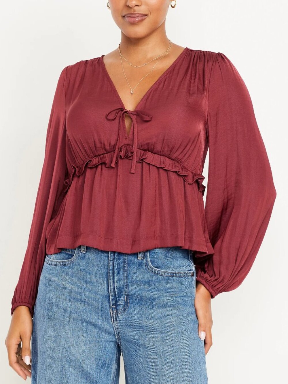 (NWT) Old Navy - elegant red satin ruffle tie-front top blouse (Large)